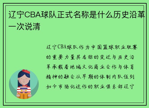 辽宁CBA球队正式名称是什么历史沿革一次说清