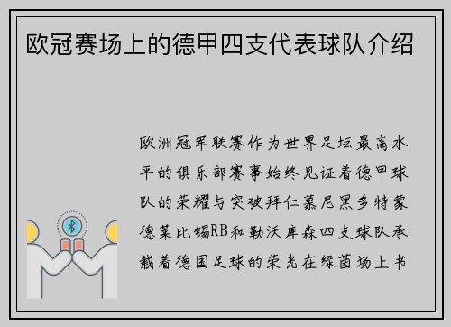 欧冠赛场上的德甲四支代表球队介绍